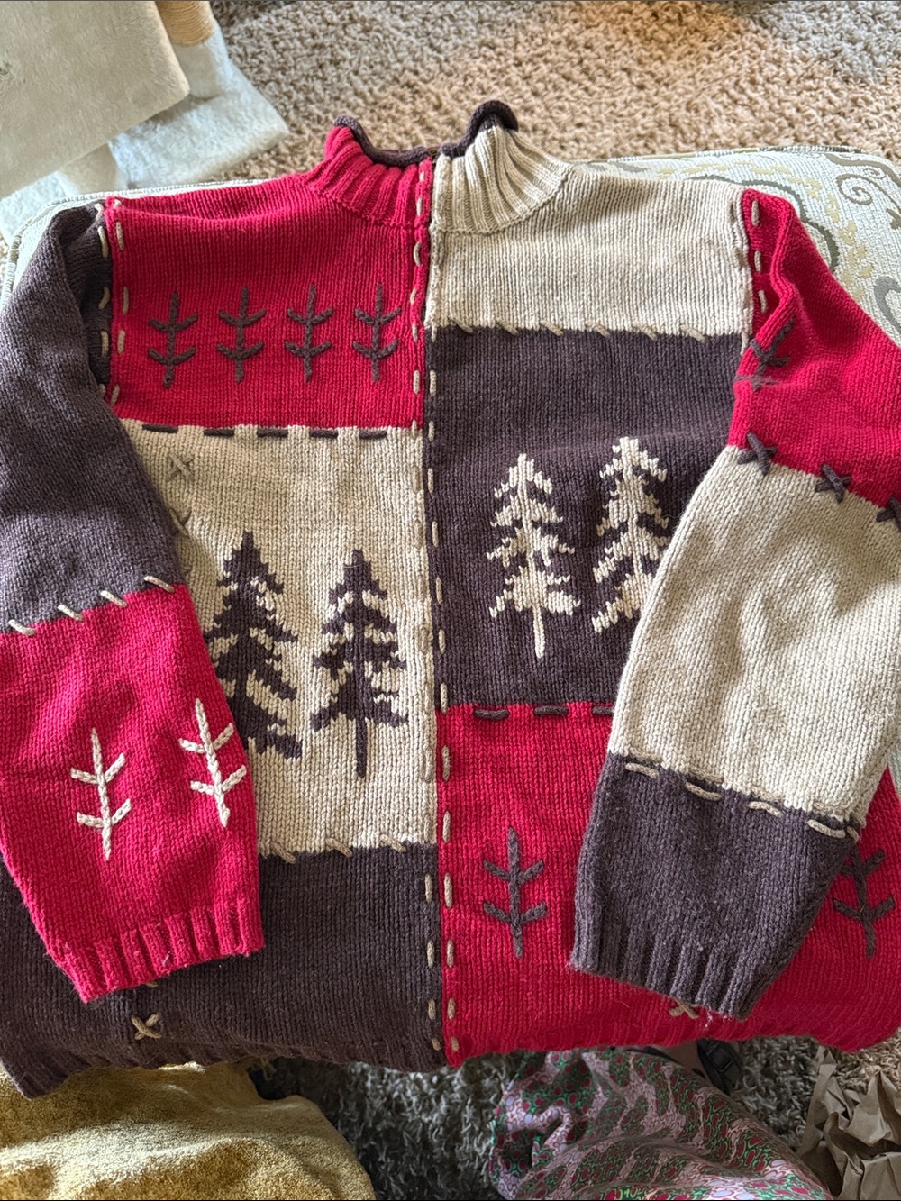 Vintage Patchwork mandal bay large tree forest fall winter sweater red brown
